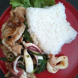 กระเพราหมูหมึกราดข้าว