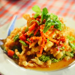 เห็ดเข็มทองทอดมากับกรอบราดด้วยน้ำส้มตำ อร่อยสุดๆ