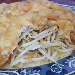 ไข่เจียวหมูสับ ด้านล่างรองด้วยถั่วงอกดิบกินแก้เลี่ยน