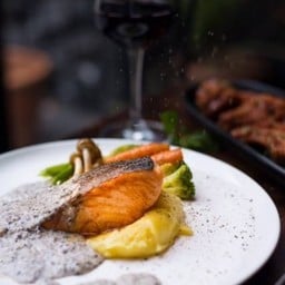 Salmon Steak with Mushroom sauce and creamy mashed potatoes