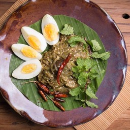 Spicy aubergine chili paste and boiled eggs
