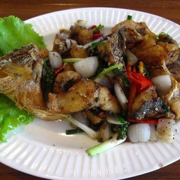 ปลากระพงผัดพริกไทยดำ