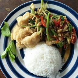 ข้าวปลาทอดผัดขึ้นฉ่าย Fried fish with celery