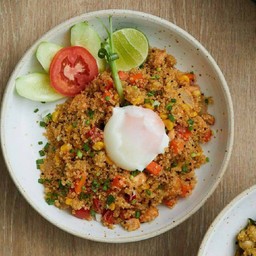 Diced Salmon Fried Quinoa Topping with onsen egg