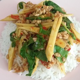 กระเพราหน่อไม้ กับข้าว