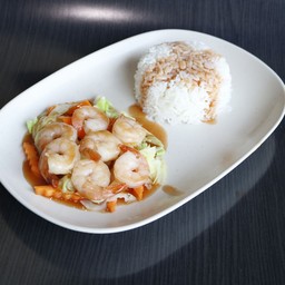 ข้าวหน้าซอสฮ่องกง กุ้ง (ร้าน F-1 หูฉลาม)
