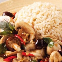 ผัดกระเพรารวมเห็ดหมูสับราดข้าว