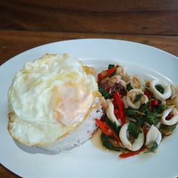 ข้าวกระเพราปลาหมึก + น้ำเก๊กฮวย