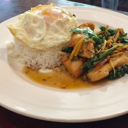 ผัดฉ่าเนื้อปลากะพงราดข้าว