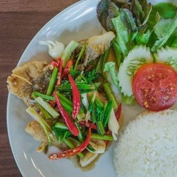 ข้าวปลากระพงผัดคื่นช่าย