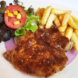 สเต็กหมูหมาล่า (สเต็กหมู1ชิ้น+เฟรนฟราย+สลัด)