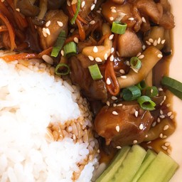 rice topped with teriyaki chicken
