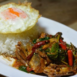 ข้าวกระเพราปลากระป๋อง + น้ำเก๊กฮวย