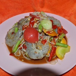 ส้มตำขนมจีน+กุ้งสด