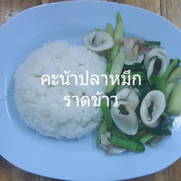 คะน้าปลาหมึกราดข้าว