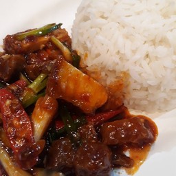 ข้าวน้ำพริกเผาหมูกรอบ + น้ำเก๊กฮวย