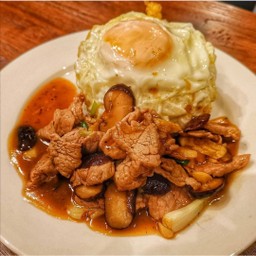หมูผัดน้ำมันหอยราดข้าว