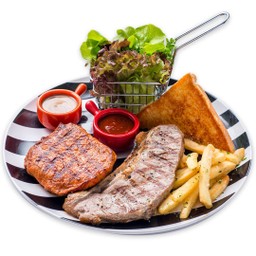 A สเต็กเนื้อสัน + สไปซี่พอร์คลอยน์