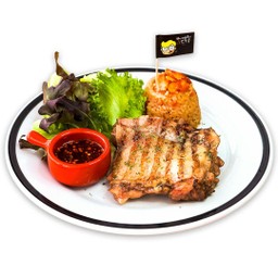 เปปเปอร์ชิกเก้นสเต็กซอสแจ่ว+ข้าวผัดกระเทียม