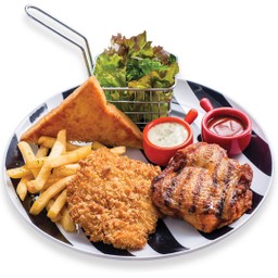 F สไปซี่ชิกเก้นสเต็ก + ฟิชแอนด์ชิพ