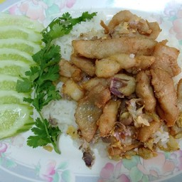 ข้าวเนื้อสัตว์ทอดกระเทียมพริกไทย