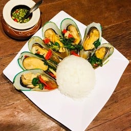 (ราดข้าว)ผัดกะเพราหอยแมลงภู่นิวซีแลนด์