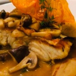 Snapper steak with potato, mushroom and olives