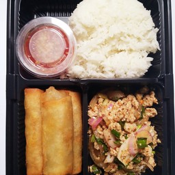 ข้าว+ลาบหมู+ปอเปี๊ยะ Rice+pork salad+spring rolls