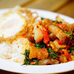 กะเพราหมูกรอบ + ไข่ดาว  60