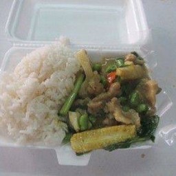 ข้าวราดพริกแกงเขียวหวานไก่ saute green curry paste with chicken