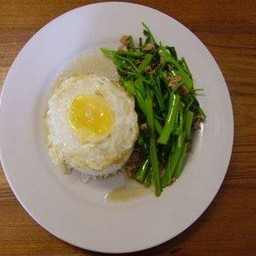 ข้าวราดผัดผักบุ้งหมูสับ+ไข่ดาว saute morning glory with minced pork+fried egg