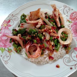 กะเพราปลาหมึก ราดข้าว
