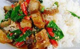 ผัดกระเพราหมูกรอบ ราดข้าว