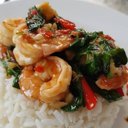 กุ้งผัดใบโหระพา ราดข้าว