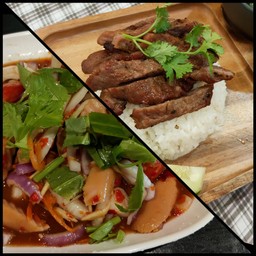 ยำไส้กรอกน้ำปลาร้า+ข้าวคอหมูย่าง+น้ำซุปสาหร่าย