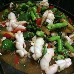 ปลาหมึกผัดฉ่ากระทะร้อนsizzing spicy squid on hot plate
