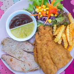สเต็กปลา+สเต็กเนื้อพริกไทยดำ