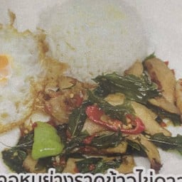 ผัดกระเพราคอหมูย่างราดข้าวไข่ดาว Stir Fried Pork Basil with Rice and Fried Egg