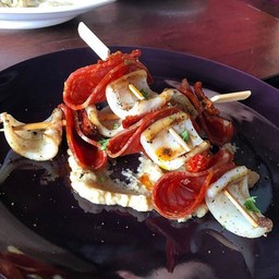 Grilled squid and chorizo skewers with chipotle aioli