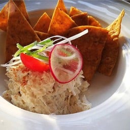 Cream cheese crab dip and toasted tortilla chips