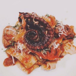Pasta rags with slow cooked octopus and capsicum