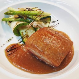Pork Belly with poached Asian pear and Madeira sauce
