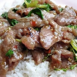 กระเพาเนื้อหมักราดข้าว