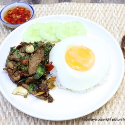 ผัดกระเพาเป็ดย่างราดข้าวไข่ดาว