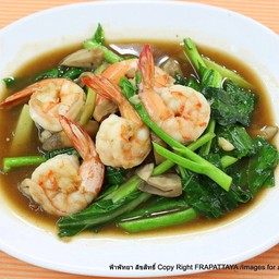 กุ้งผัดคะน้าเห็ดสด