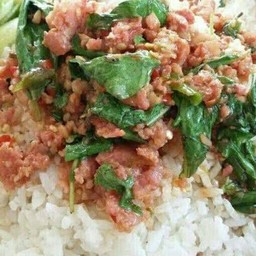 ผัดกระเพราแหนมหมูราดข้าว