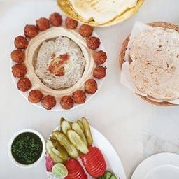Hummus, Babaganoush, Falafel, Tahini, Vegetables, Pickles And Pita Breads Large Set [M3]