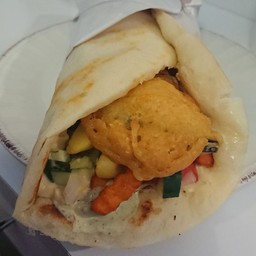 Sandwich Sabih - Pita with fried eggplant, build egg, tahini, hummus, salad, pickles [A2]