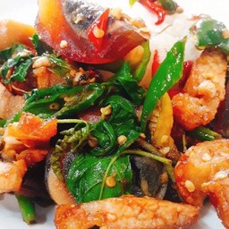 กระเพราหมูกรอบราดข้าว