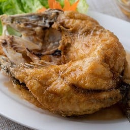 ปลากะพงเป็นทอดราดน้ำปลา